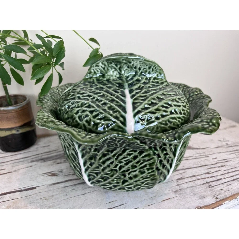 Vintage Majolica Portugal Cabbage Green Lidded Tureen 10.5” x 8” READ